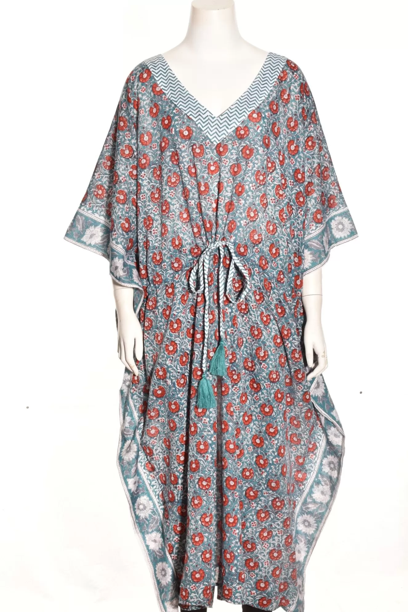 * Boutique-Style Dresses>Lea's Clothing. Drawstring Kaftan. Red-Hibiscus